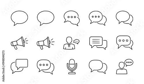 A set of minimalist line art icons representing communication and speech