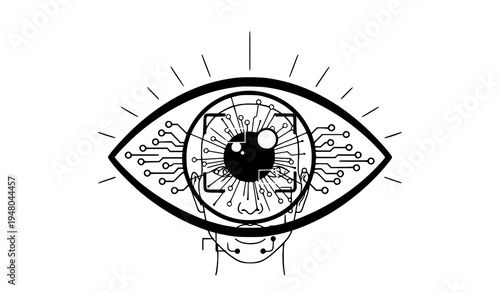 A futuristic eye illustration with circuit board details and a sleek design