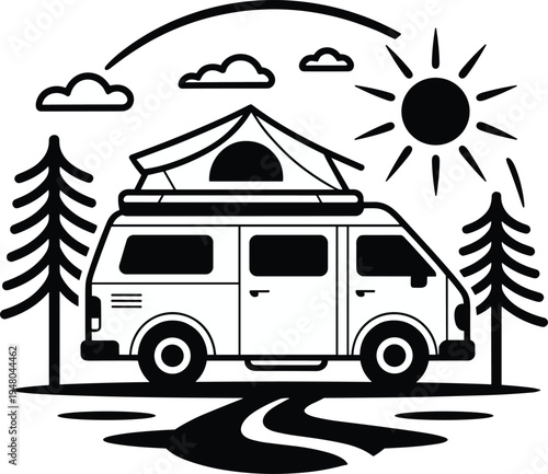 Camper van camping adventure with roof tent in nature landscape travel road trip vector illustration outdoor tourism vehicle icon design
