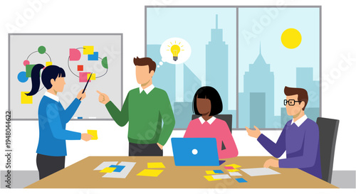 Diverse team brainstorming meeting in modern office with city view in flat design for business presentation