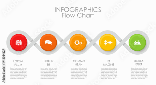 Horizontal flowchart with interconnected circular nodes and gradient icons, ideal for process, collaboration, service workflows.