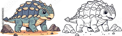 Cute Cartoon Ankylosaurus Dinosaur with Rocks Adorable Prehistoric Wildlife Illustration