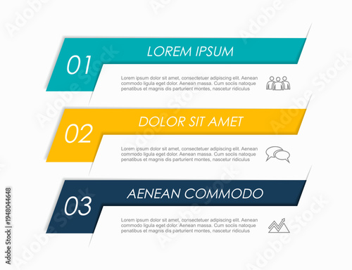 Three-tiered stepped infographic with labeled colored banners, placeholder text, and icons. Vector illustration.