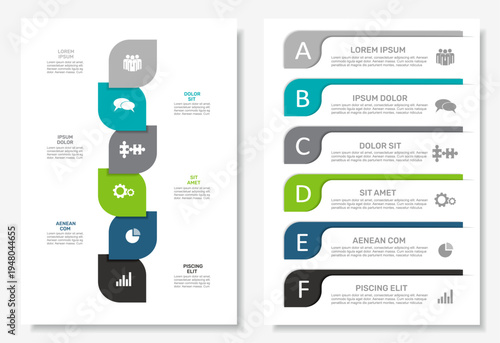 Dual infographic layouts with numbered steps, icons, text for business, planning, or presentation purposes. Vector illustration.