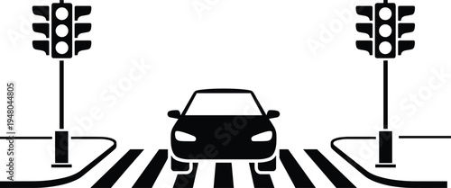 Car at traffic light pedestrian crosswalk road intersection silhouette vector illustration urban transportation traffic signal safety icon design