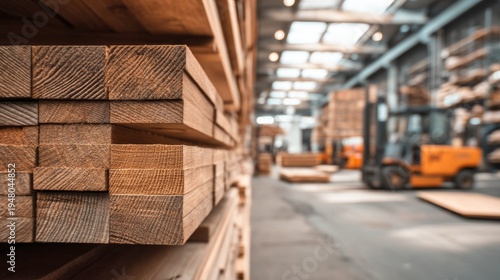 A vibrant display of stacked wooden planks in a warehouse setting. The texture and color of the wood are highlighted. Ideal for construction themes or material sourcing. AI