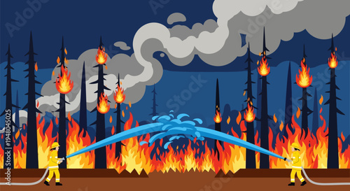 Firefighters Battling Oil Refinery Fire Cartoon.