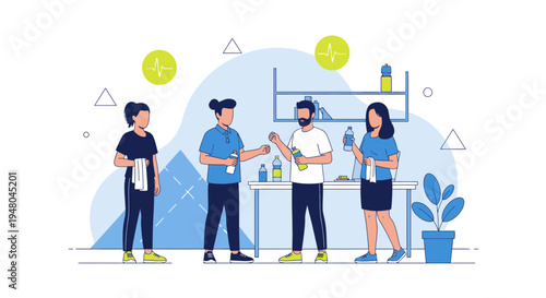 Diverse group of people in a gym setting, discussing fitness and health