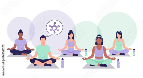 Diverse people meditating in a yoga class, focusing on molecular structure