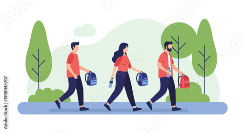 Diverse people walking with backpacks on a path in a park, back to school or travel concept