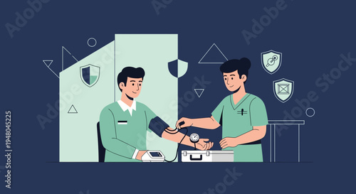 Doctor checking patient's blood pressure, medical checkup, health insurance concept