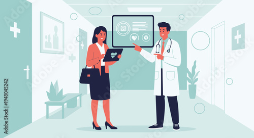 Doctor and patient discuss medical data on futuristic holographic screen in hospital hallway