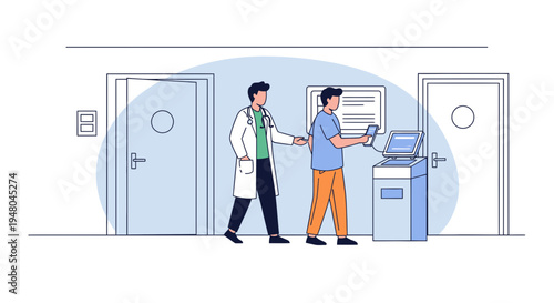 Doctor guiding patient to use self-service kiosk in modern hospital hallway