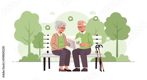 Elderly couple sitting on park bench looking at photo album, happy retirement, love