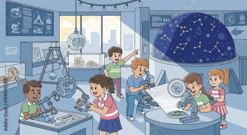 Children Exploring Museum Exhibits: Dinosaurs, Astronomy, and Science