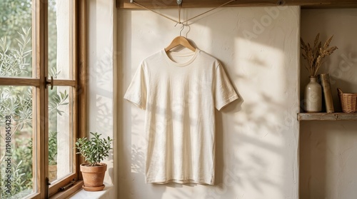 Blank cream t shirt hanging with soft window shadow