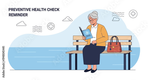 Elderly woman reading health check reminder on park bench, preventive care concept