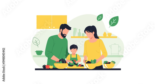 Family Cooking Together: Parents and Child Prepare Healthy Meal in Kitchen