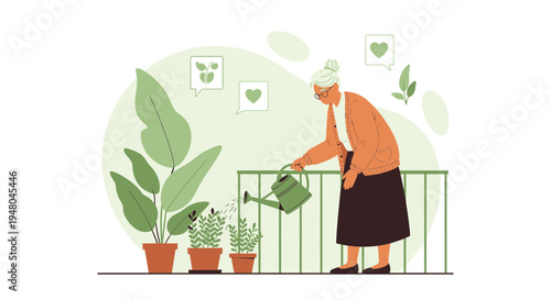Elderly woman watering plants on balcony, enjoying gardening and nature