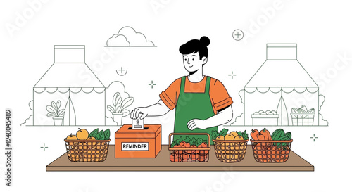 Farmer putting ticket in reminder box at market stall with fresh produce