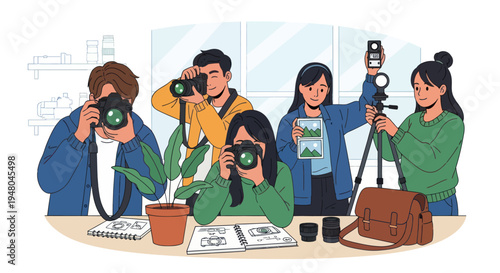 Photography Class: Diverse Students Learn Camera Skills with Cameras, Tripod, and Plants