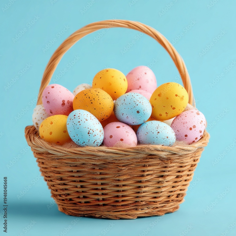 Fototapeta premium Woven Easter basket overflowing with colorful speckled eggs on a bright blue background
