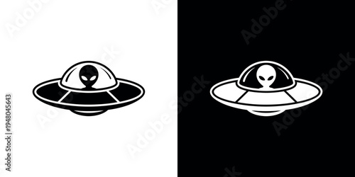 Black and white u f o spaceship with alien head symbol