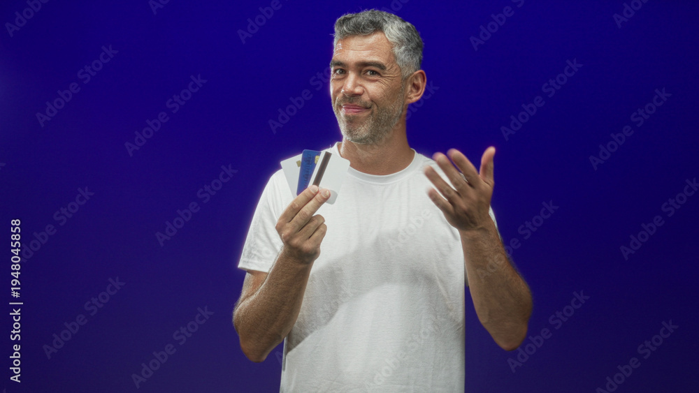 Naklejka premium Man middle age with grey hair holding creditcard fanned in left hand while gesturing thumb toward himself and smiling in studio; financial confidence.