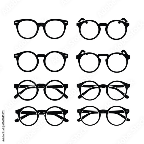Collection of Eyeglasses with Round Lenses and Various Frame Styles Isolated on White Background