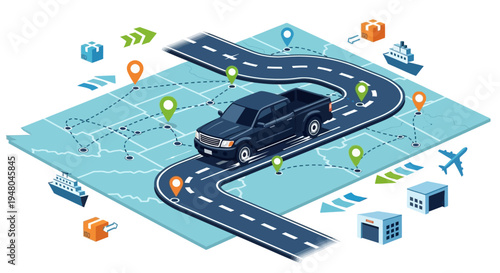 Isometric illustration of a pickup truck on a winding road over a map with logistics and delivery icons.