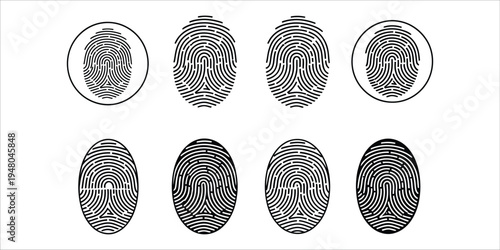 Fingerprint Icons Collection Showing Different Patterns and a Circular Frame Isolated on White Background