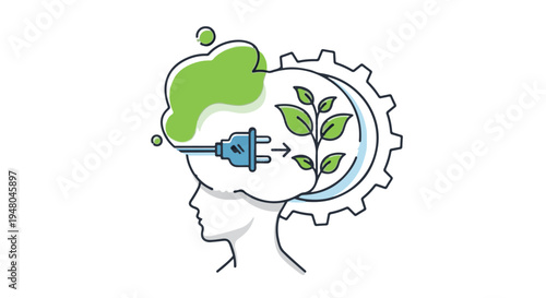 Eco-Friendly Green Energy Thinking Human Brain Vector Illustration. Electric plug connected to plant with gear icon. isolated PNG with Transparent Background
