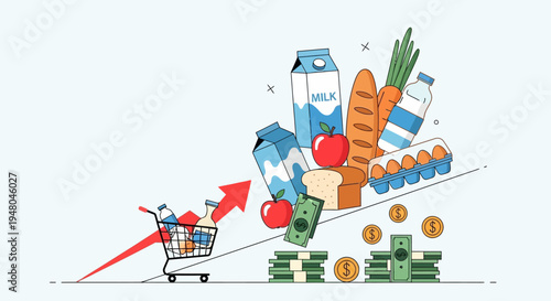 Grocery Shopping Cart with Food and Money.