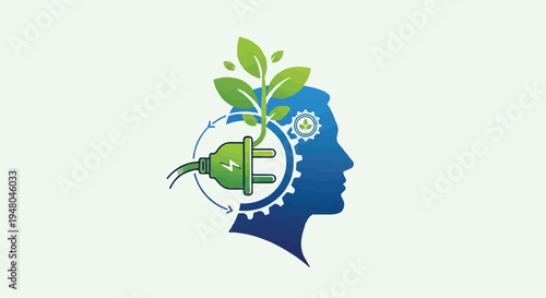 Green Energy Eco Plug and Plant Sprout in Human Head Silhouette isolated PNG with Transparent Background