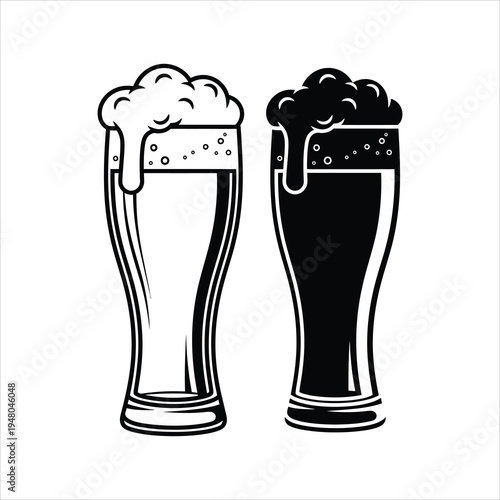 Two Beer Glasses with Foam Overflowing Stylized Vector Art Isolated on White Background