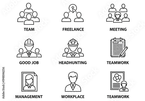 Illustrations depicting various workplace collaboration and employment scenarios