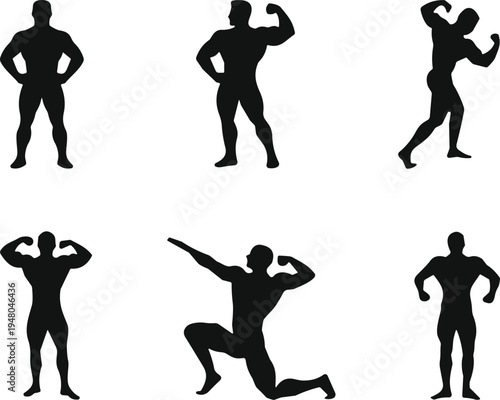 Set of muscular bodybuilder silhouette poses showing strength fitness and bodybuilding aesthetics, powerful male athlete stances isolated for gym workout sport and training concepts