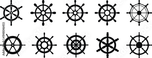 Set of ship wheel silhouettes featuring classic nautical helm steering wheels isolated on light background, maritime navigation icons for sailing, marine transport, and ocean design.