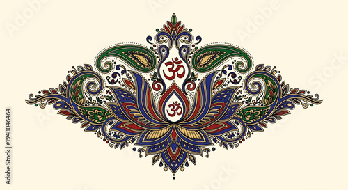 Elegant vector design of a spiritual lotus flower with an Om symbol, featuring intricate paisley patterns and ornamental flourishes, symbolizing meditation and cultural beauty