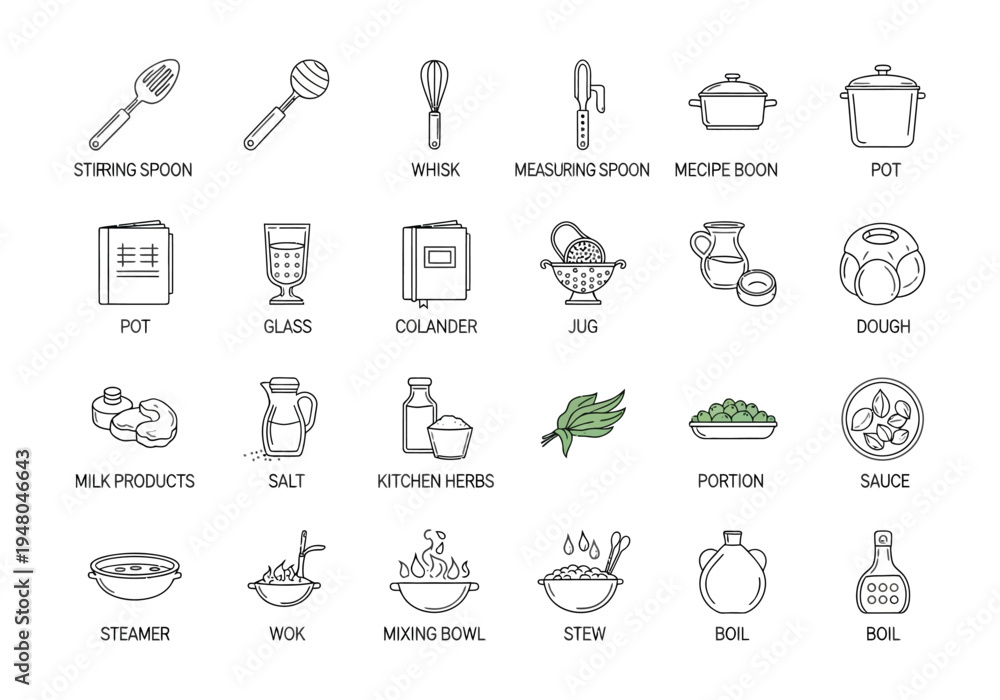 Fototapeta premium Minimalist kitchen icon set, 24 cooking line icons in EPS format, modern culinary equipment and food preparation symbols for recipe apps