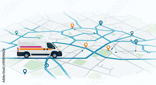 Delivery van navigating a complex urban map with multiple routes and location pins, illustrating logistics and transportation services.