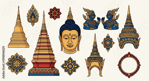 Collection of Traditional Thai Religious and Cultural Icons Featuring Buddha's Head and Temple Architecture
