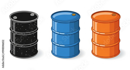 Isometric Oil Drums - Black, Blue, and Orange Industrial Storage.