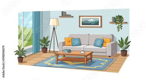 Cozy modern living room interior with comfortable sofa, coffee table, and plants, illuminated by natural light, creating a serene and inviting home space for relaxation