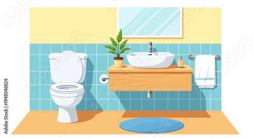 Modern and clean bathroom interior design illustration. Features a toilet, sink, mirror, and green plant with blue tiled walls and a bath mat