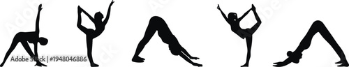 Yoga pose silhouette collection featuring flexible woman practicing yoga asanas isolated on white background concept for fitness wellness meditation stretching and healthy lifestyle