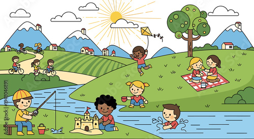A vibrant, detailed illustration depicting a joyful summer day with children engaging in various outdoor activities in a picturesque landscape