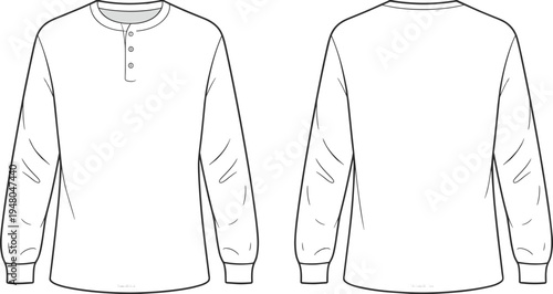 Men long sleeve henley shirt template front and back view, casual apparel mockup, cad drawing flat vector illustration