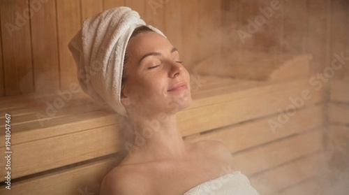 Woman relaxing in wooden sauna with towel on head and eyes closed, steam, wellness, spa retreat, comfort, peaceful, beauty, relaxation.