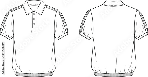 Men short sleeve polo sweatshirt template front and back view, casual sportswear apparel mockup, cad drawing flat vector illustration